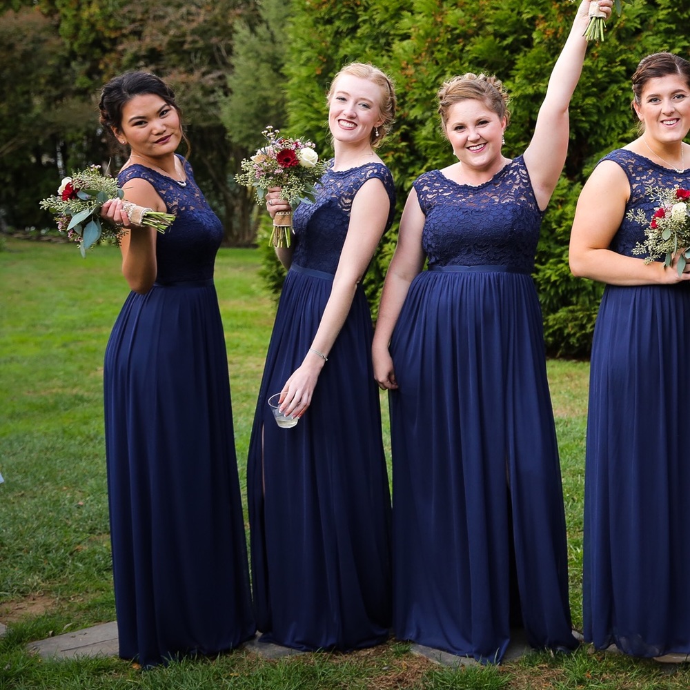 Long bridesmaid dress with lace bodice f19328